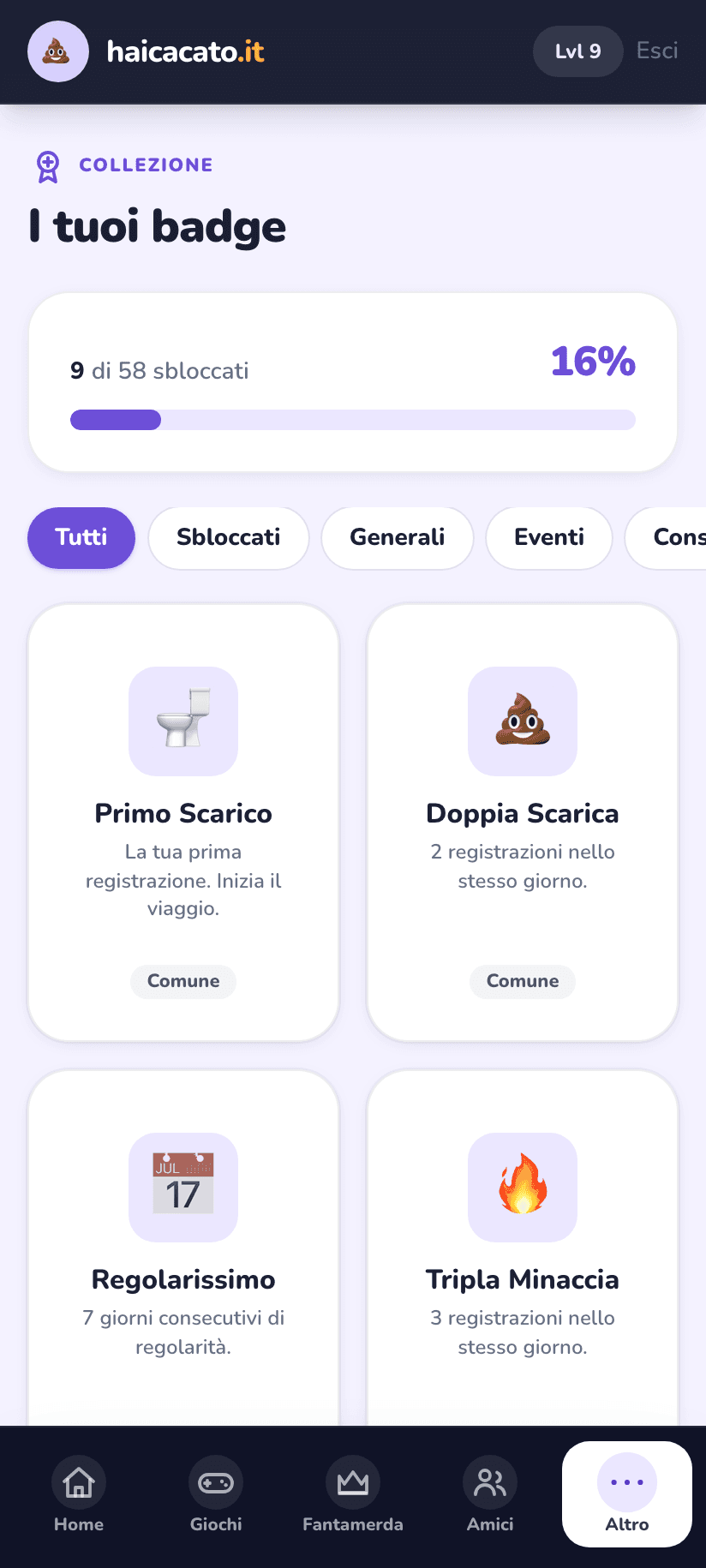 Griglia dei badge di HaiCacato con quelli sbloccati e quelli ancora bloccati