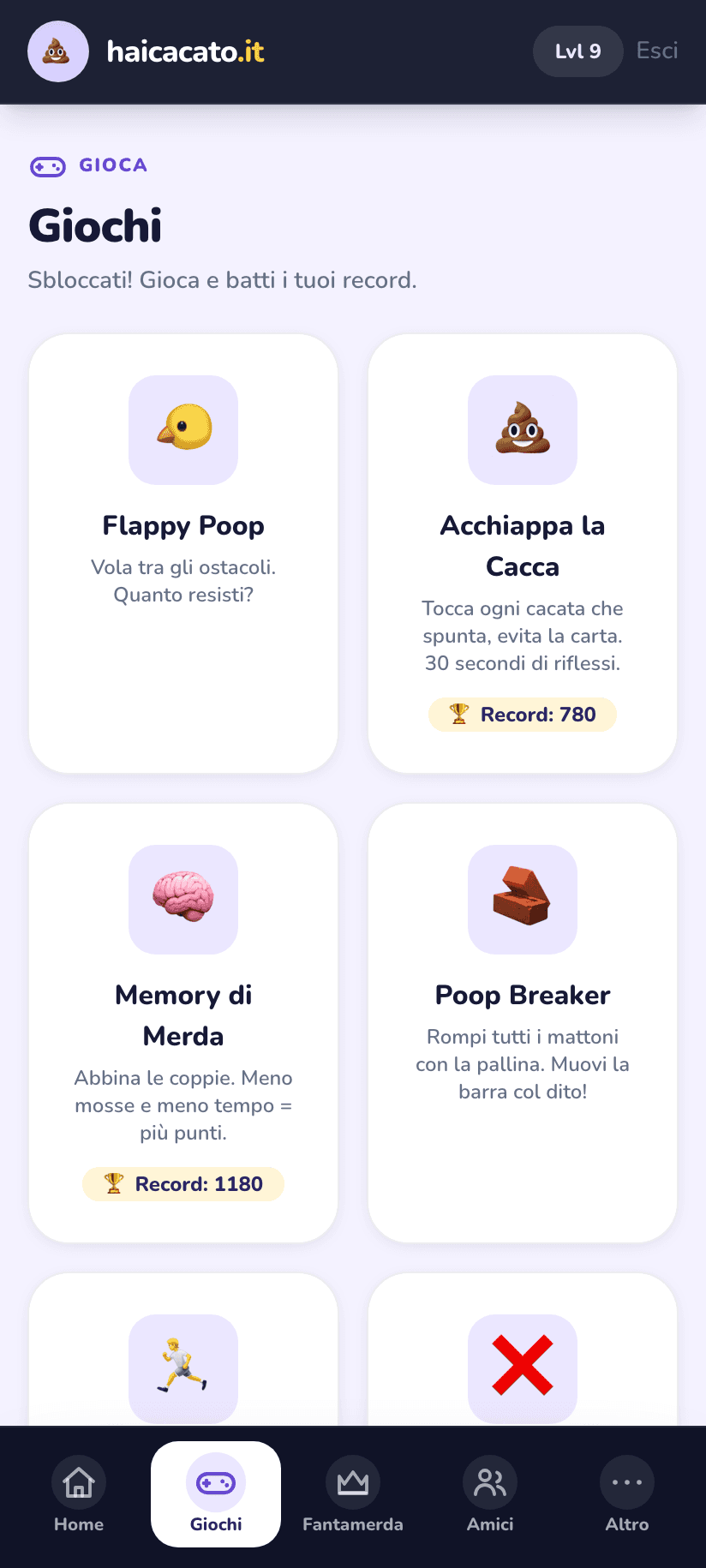 Elenco dei mini-giochi di HaiCacato tra cui Flappy Poop e Toilet Runner