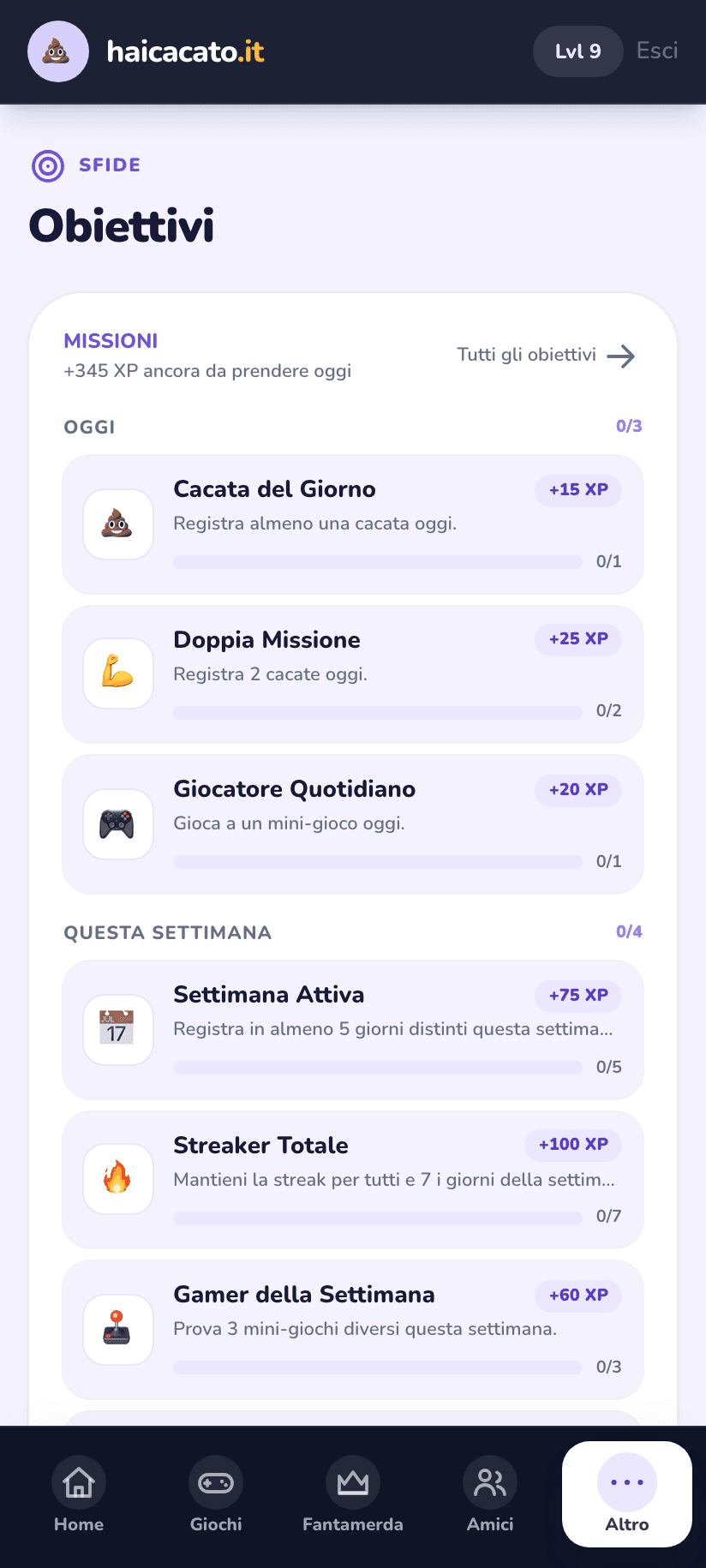 Schermata delle missioni e degli obiettivi di HaiCacato con le barre di avanzamento